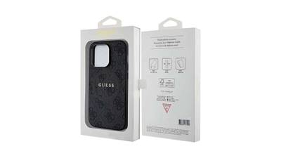 Guess PU 4G Metal Logo Rückschale für iPhone 15 Pro Max Schwarz Gold
