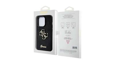 Guess PU 4G Metal Logo Rückschale für iPhone 15 Pro Max Schwarz Gold