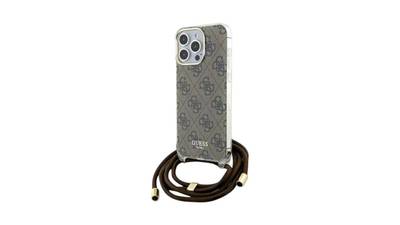 Guess PU 4G Metal Logo Strap Rückschale für iPhone 15 Pro Max Braun Gold