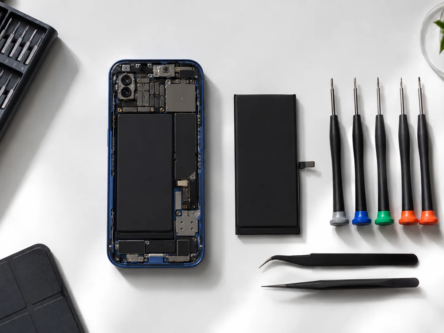 Aufgeschraubtes Handy mit neuem Akku und Werkzeug